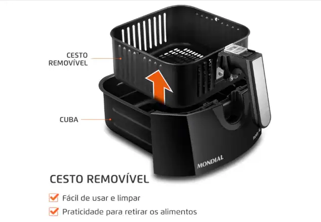 Fritadeira sem óleo Air Fryer Mondial AFN-40 de 4 Litros na cor preta e prata com cesto removível.