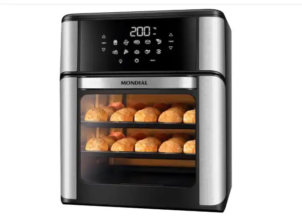 Fritadeira Air Fryer Forno Mondial Oven 12L preta e inox, modelo AFON-12L- BI, analisada para guia qual melhor air fryer.
