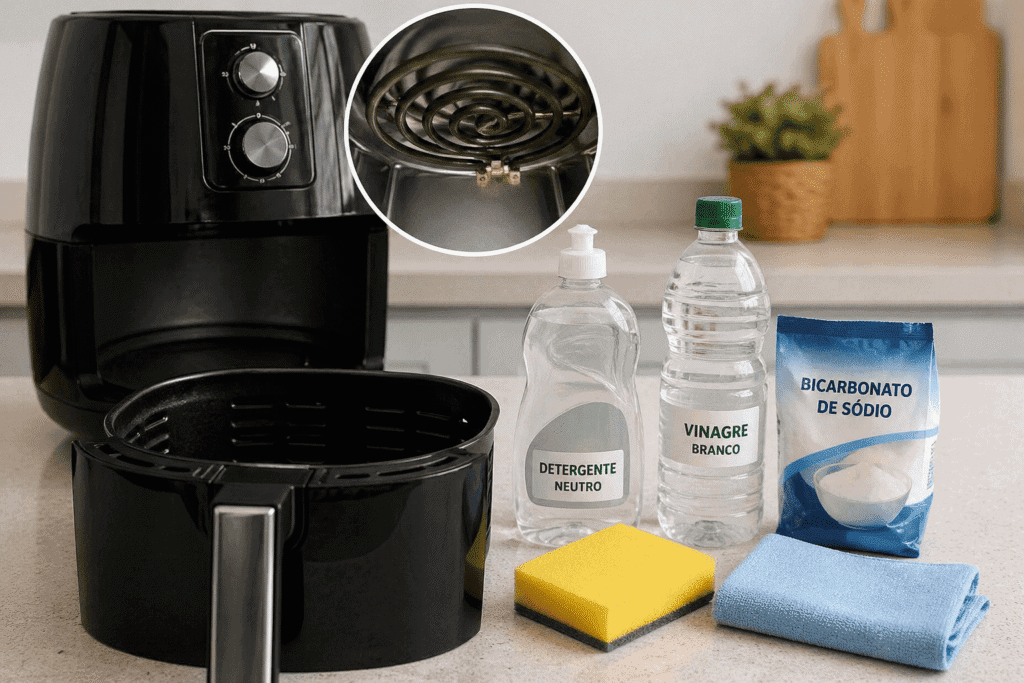 Materiais essenciais para limpar Air Fryer: detergente neutro, vinagre branco, bicarbonato de sódio, esponja macia e pano para preservar o antiaderente.
