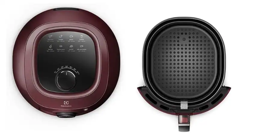 Visão superior do painel de controle e tampa da fritadeira elétrica Air Fryer Electrolux na cor vermelho escuro de 5 litros
