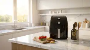 Fritadeira Air Fryer Britânia 5,5L BFR50 Redstone preta na bancada da cozinha.