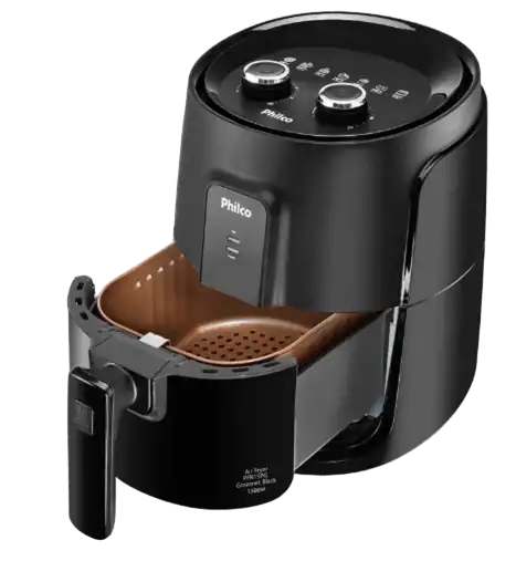 Fritadeira elétrica Air Fryer Philco de 4,4 litros preta, com o cesto quadrado puxado para fora.