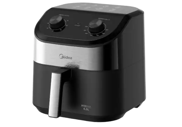 Fritadeira elétrica Air Fryer Midea Widemax Cyclone de 4,5 litros, na cor preta com detalhes em inox.