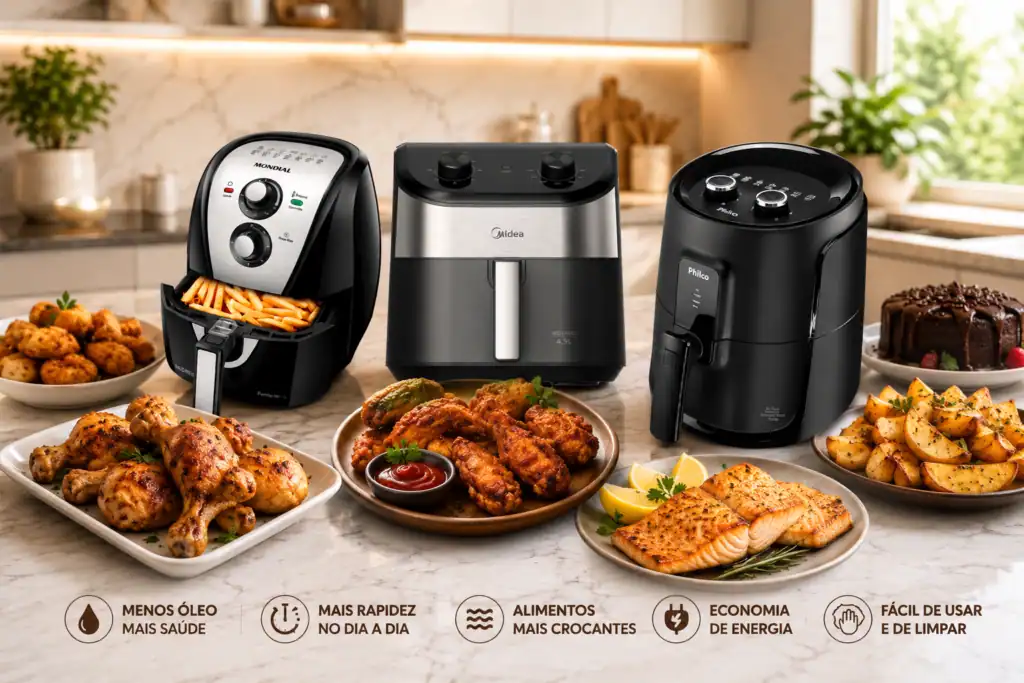Fritadeira-Eletrica-Barata-e-Boa_-Modelos-de-Air-Fryer-ate-R_400 posicionados em uma bancada com porções de alimentos fritos ao lado.