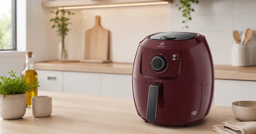 Air fryer electrolux 5l gasta muita energia? Vista frontal do modelo Electrolux em uma cozinha