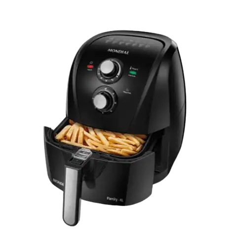 Fritadeira sem óleo Air Fryer Mondial AFN-40 preta com a gaveta aberta mostrando alimento