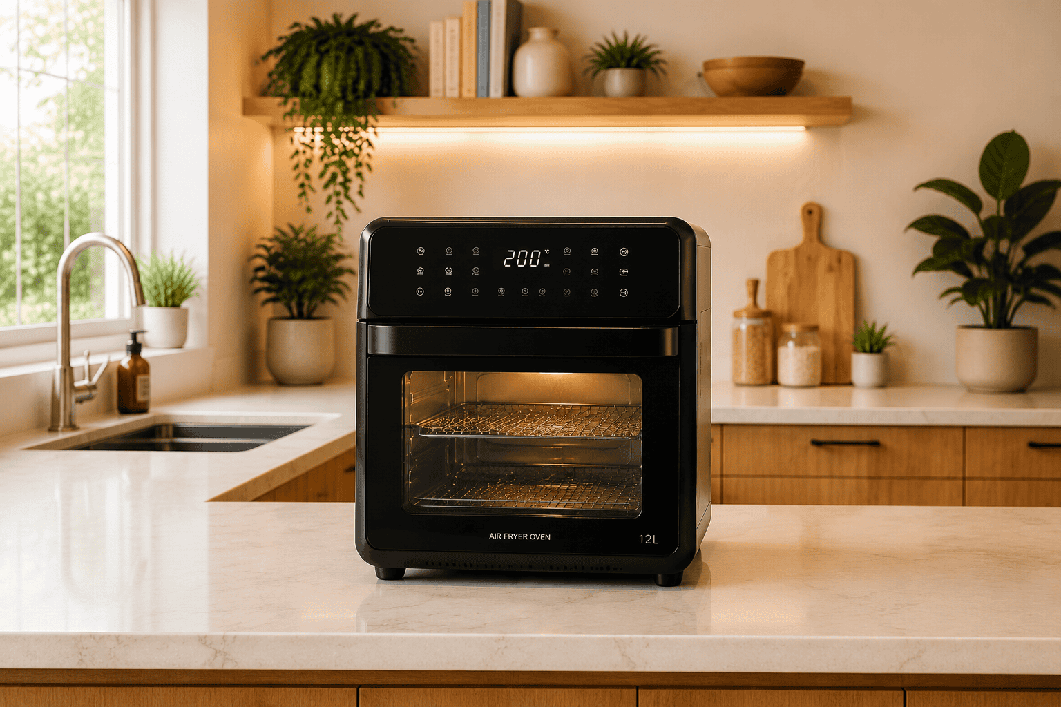 melhor air fryer oven 12 litros , preta posicionada na bancada de uma cozinha moderna.