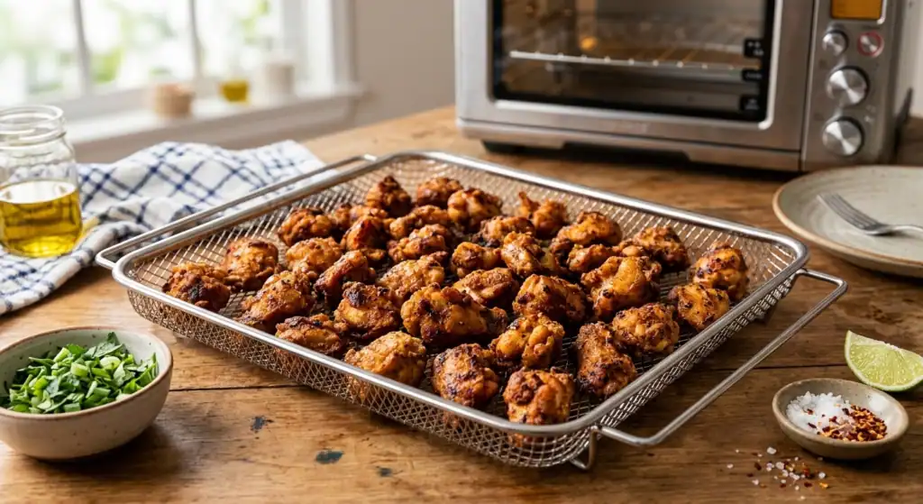 Foto em close de frango crocante em um cesto de metal, mostrando como fazer frango a passarinho na air fryer oven de forma rápida.