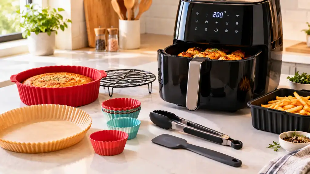 Diversos acessórios para air fryer dispostos em uma bancada de cozinha ao lado de uma fritadeira elétrica preta.