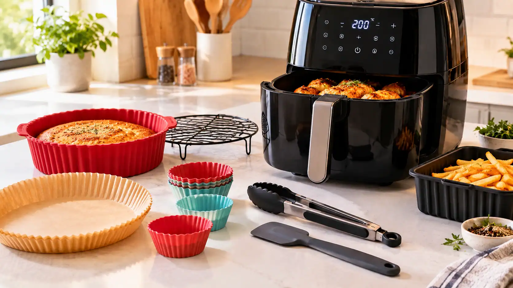 Diversos acessórios de air fryer dispostos em uma bancada de cozinha ao lado de uma fritadeira elétrica preta.