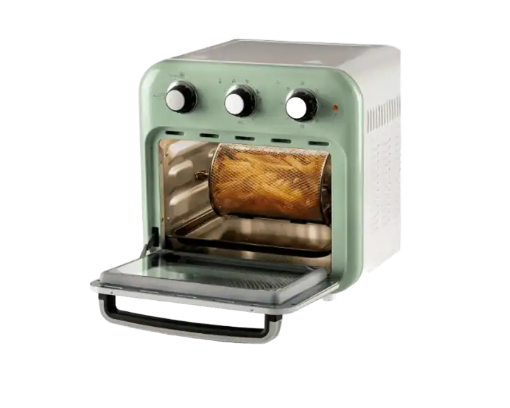 Airfryer  Ariete Vintage 4632 verde com porta aberta mostrando frango assando no espeto giratório.