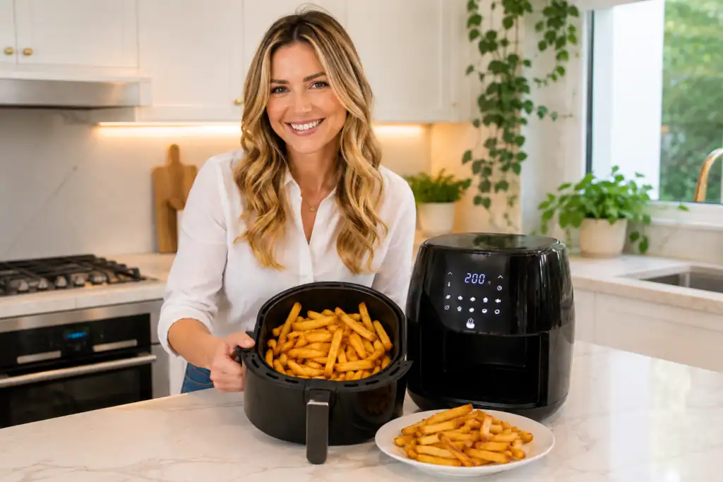 Mulher sorrindo na cozinha ao lado de uma air fryer preta com batatas fritas. Melhor Air Fryer : Guia Completo de 2026