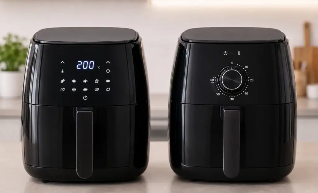 Comparação entre air fryer com painel digital e air fryer com botão giratório analógico para evitar erros ao comprar sua air fryer.