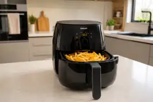 Air fryer preta sobre a bancada para ilustrar os principais erros ao comprar sua air fryer.