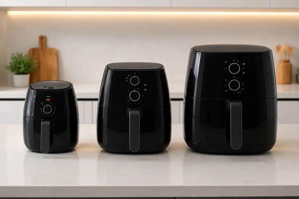 Três air fryers pretas de tamanhos diferentes alinhadas na bancada da cozinha para ajudar a evitar erros ao comprar sua air fryer.