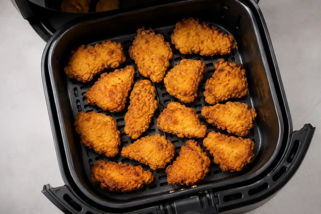 Cesto aberto de air fryer cheio de nuggets de frango fritos. Dica para não errar no tamanho ao comprar sua air fryer.